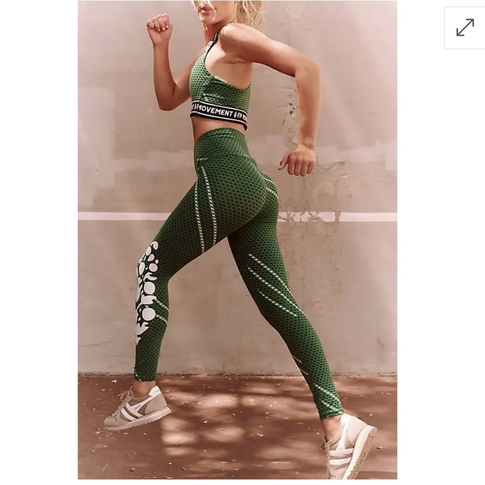 FP Movement by Free People Green Textured Leggings with White Dot Accent